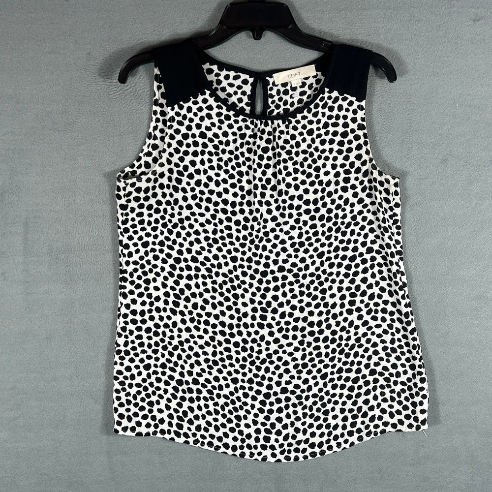 LOFT Womens Blouse S Black White Polka Dot Sleeveless Shell Keyhole Back
